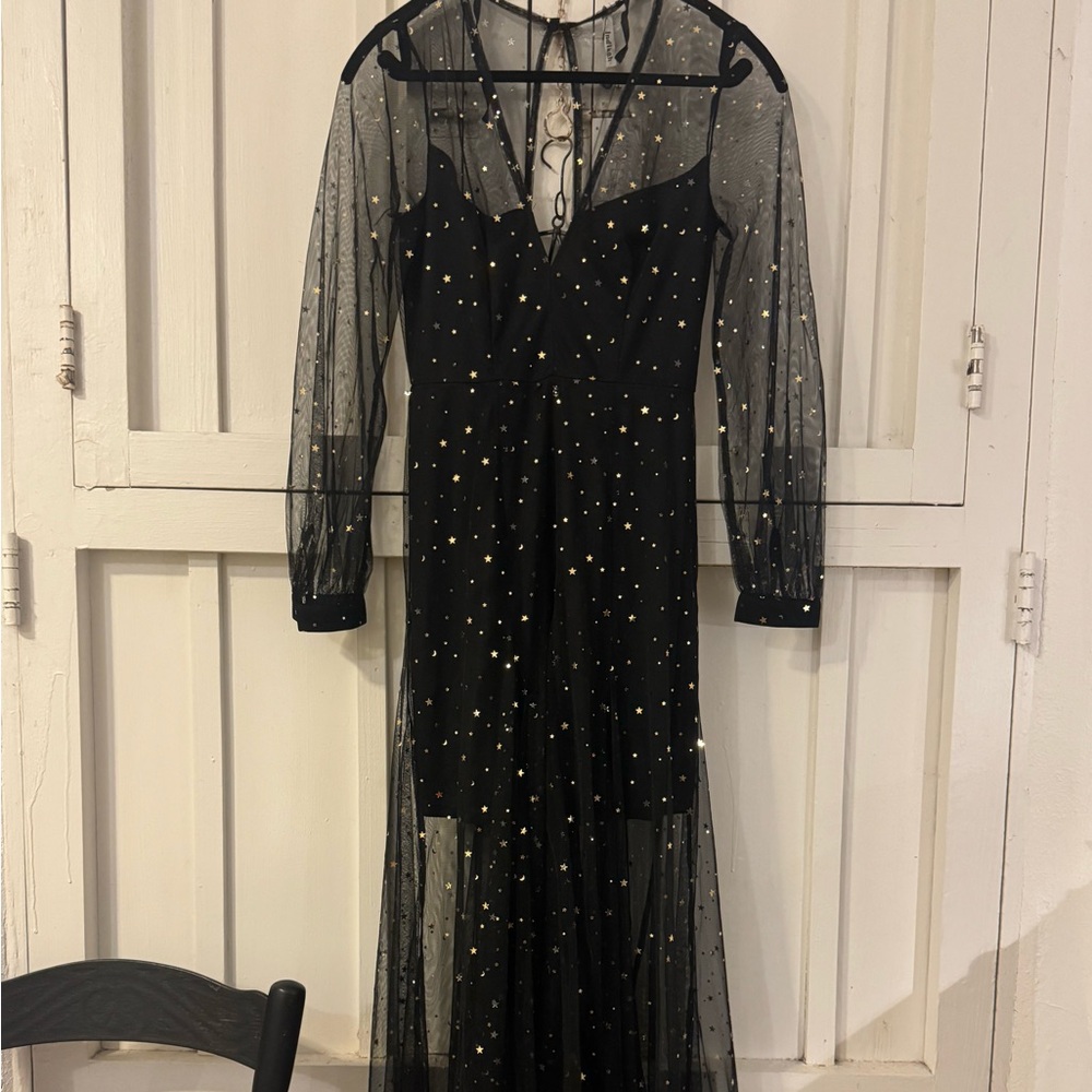 Elegant Black Sheer Dress with Gold Accents (moon and stars)